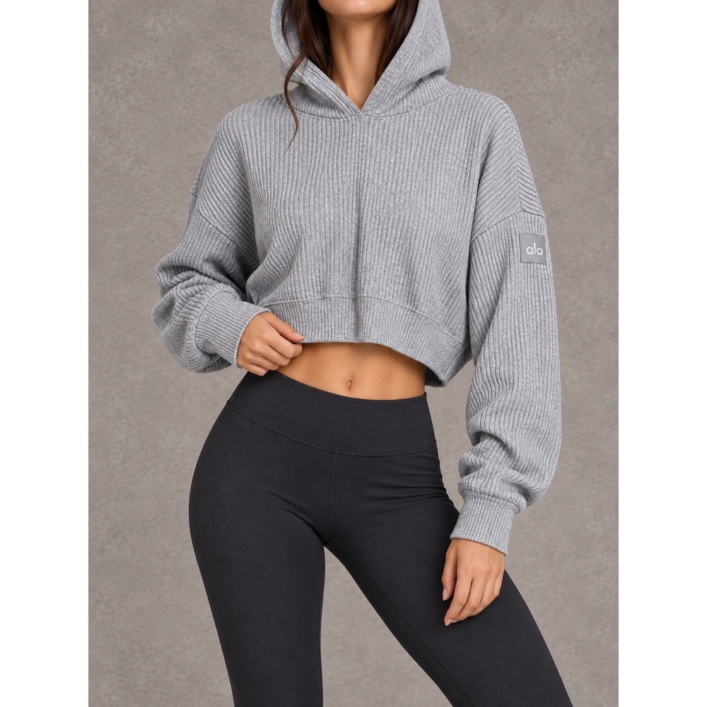 Alo Yoga Muse Hoodie Womens XS Gray Ribbed Cropped Knit Pullover Athleisure